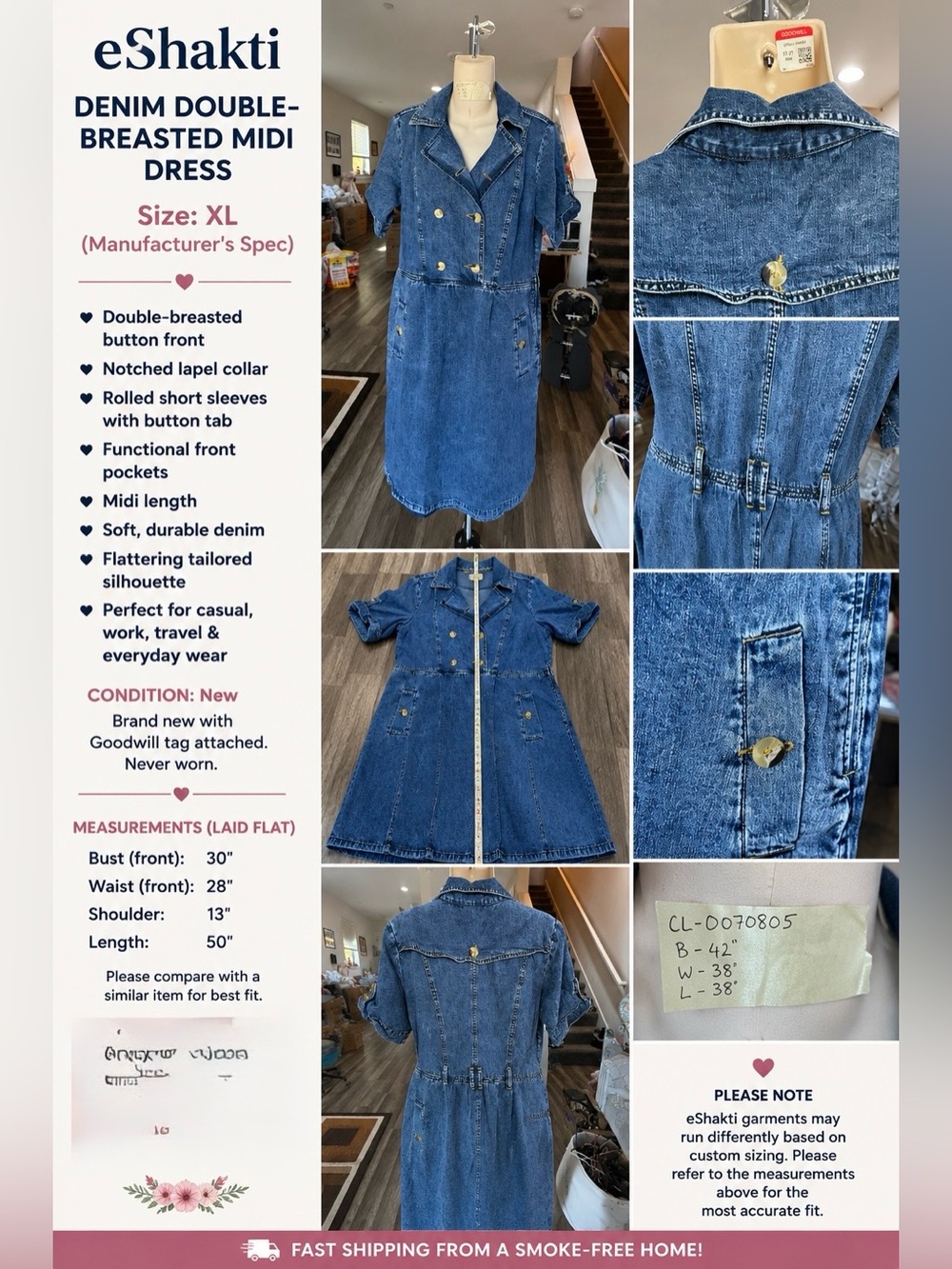 eshakti Denim Double-Breasted Midi Dress in Blue